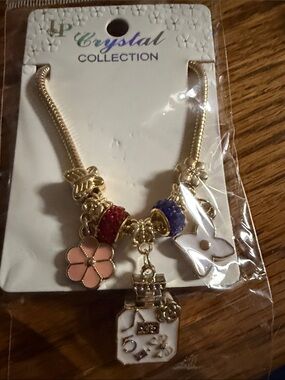 Gold-Tone Charm Bracelet with Pink Flower & Blue Accent Beads